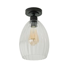 ValueLights Cheltenham Black Flush Ceiling Light Ribbed Shade and Bulb