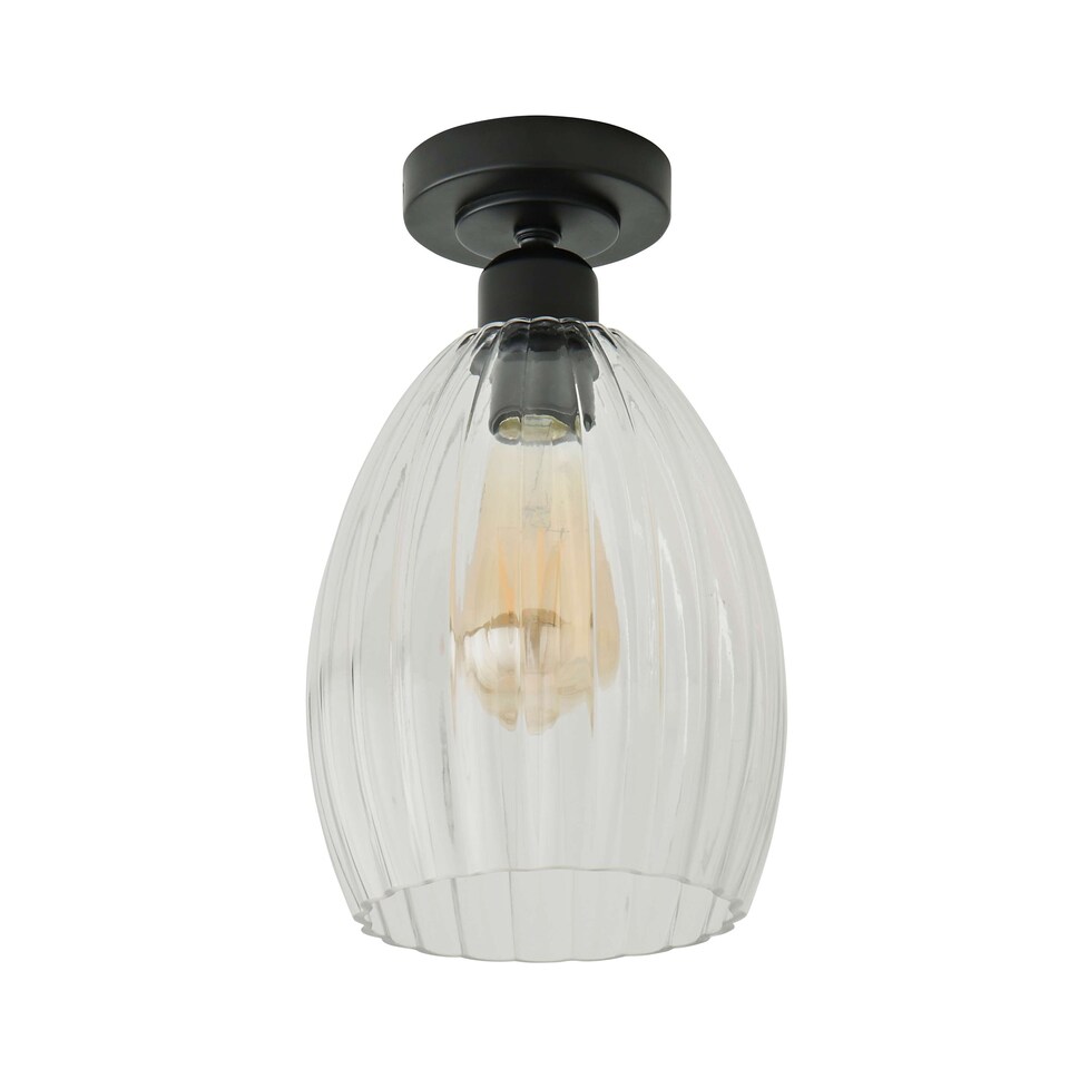 image 1 of ValueLights Cheltenham Black Flush Ceiling Light Ribbed Shade and Bulb