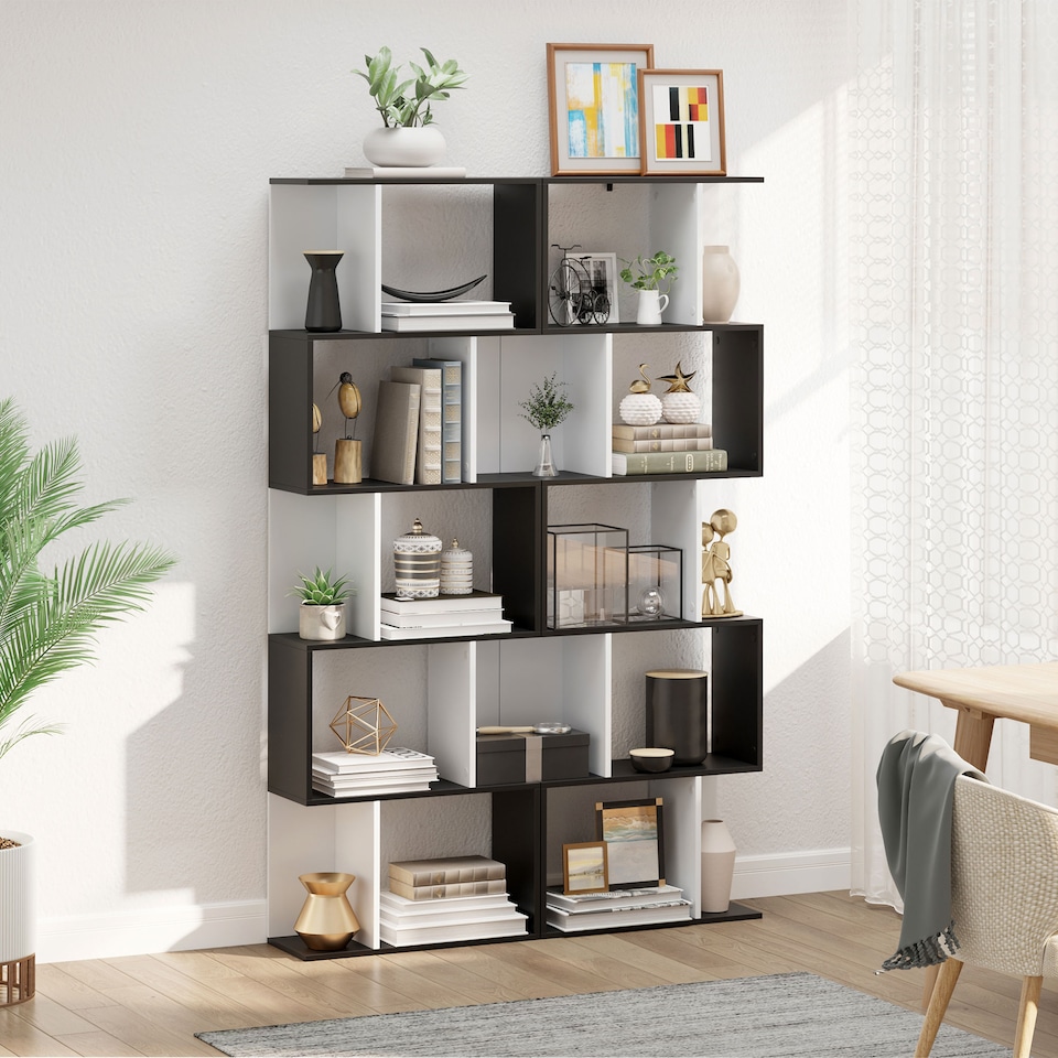 image 1 of HOMCOM Bookcase, S-Shaped Wooden Bookshelf, 5 6 Tiers Freestanding Storage Shelf, Home Office Decorative Display Stand Rack, Black and White, 24D x 60W x 184.5H