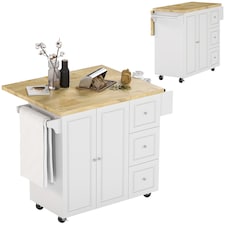 HOMCOM Kitchen Island on Wheels, Rolling Kitchen Storage Trolley with Drop Leaf, Rubber Wood Top, Drawers, Adjustable Shelf, Towel and Spice Rack for Dining Room, White