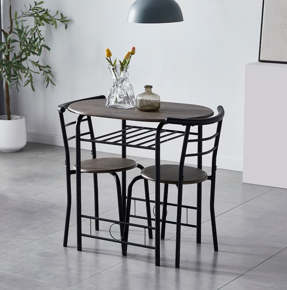 image 1 of Kitchen Breakfast Bar Small Dining Table and 2 chairs Set with Metal frame -Brown