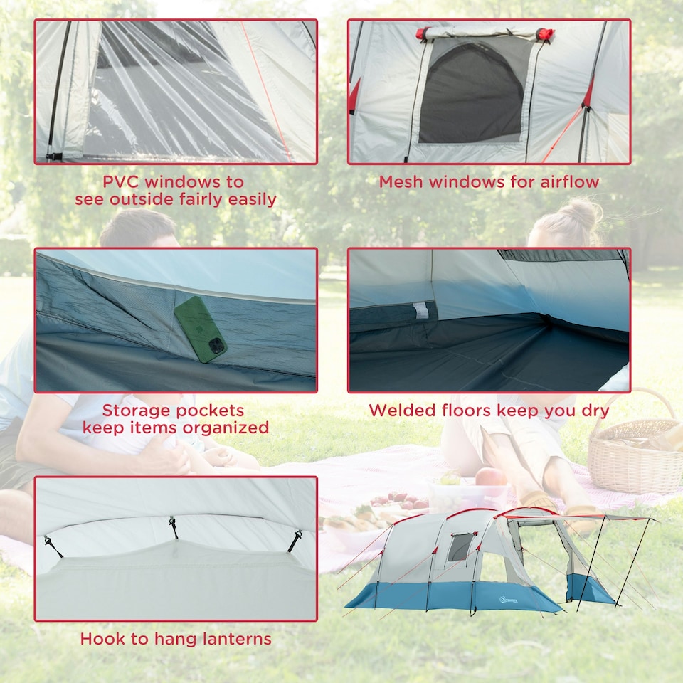 image 1 of Outsunny 6-8 Person Tunnel Tent, Two-room Camping Tent with Carry Bag, Grey