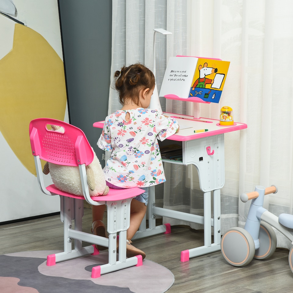 image 1 of HOMCOM Kids Desk and Chair Set with Drawer, Book Stand, Pen Slot