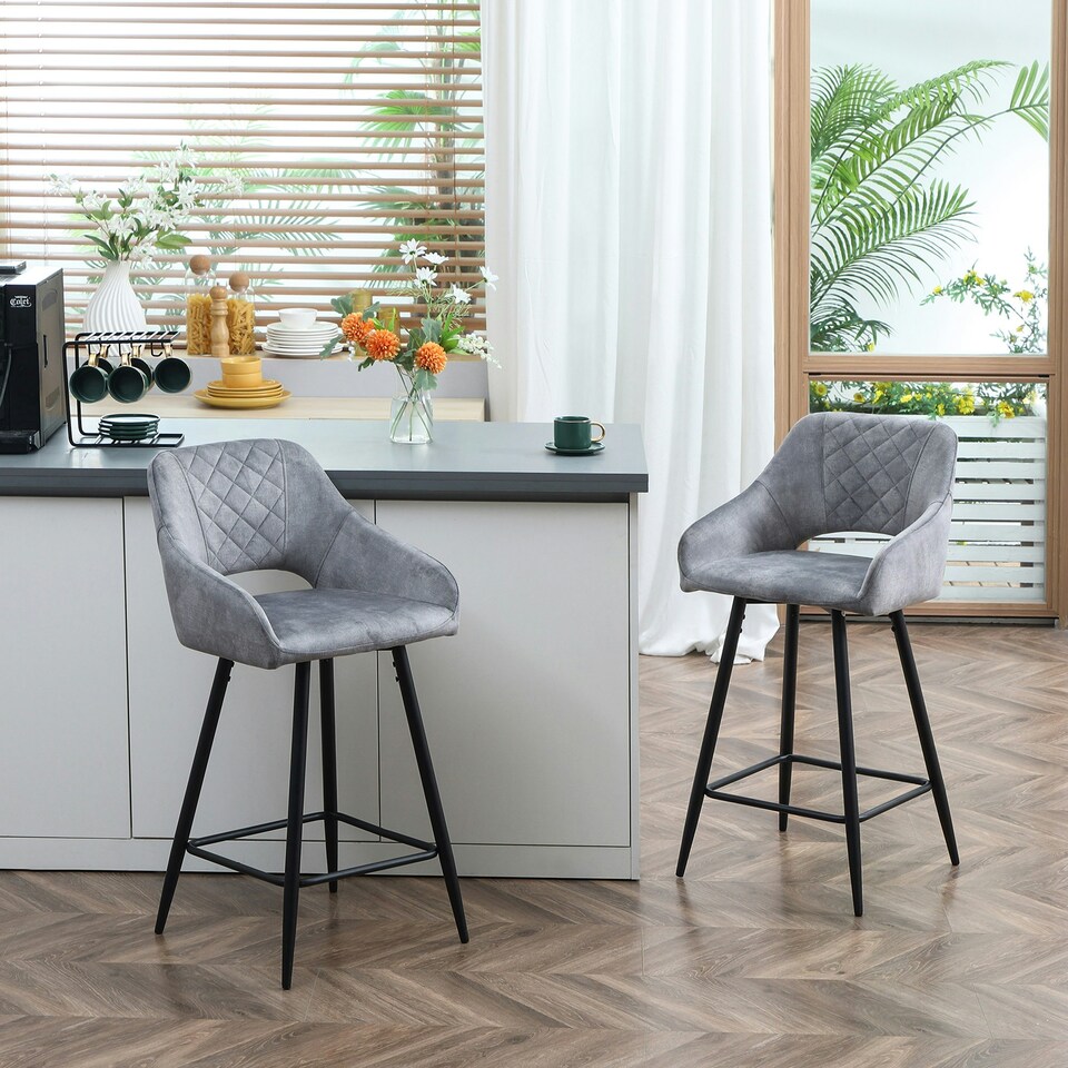 image 1 of HOMCOM Bar Stools Set of 2 Velvet-Touch Fabric Counter Bar Chairs Grey