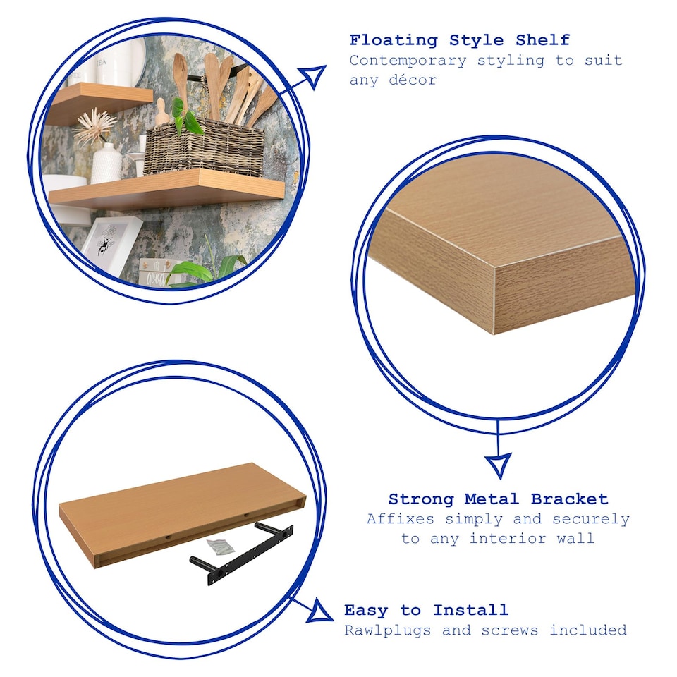 image 1 of Harbour Housewares Modern Floating Wall Shelves - 100cm - Brown - Pack of 6