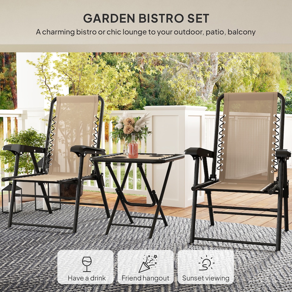 image 1 of Outsunny 3 Pieces Garden Bistro Set, Folding Table and Chairs Set, Metal Garden Furniture Set with Cup Holders for Outdoor, Patio, Balcony, Khaki | Brown