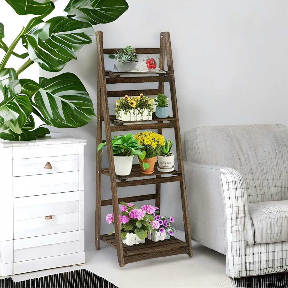 image 1 of 4 Tier Wooden Free Standing Ladder Shelf Natural Brown Brown