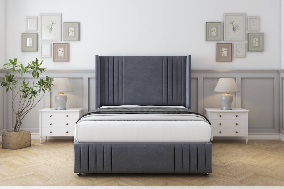 image 1 of Sloomy Camden Steel Plush Divan Bed With Mattress 2 Drawers Footend With 54" Wingback Headboard & 12" Matching Footboard 5' King | Grey | Steel | King | 1