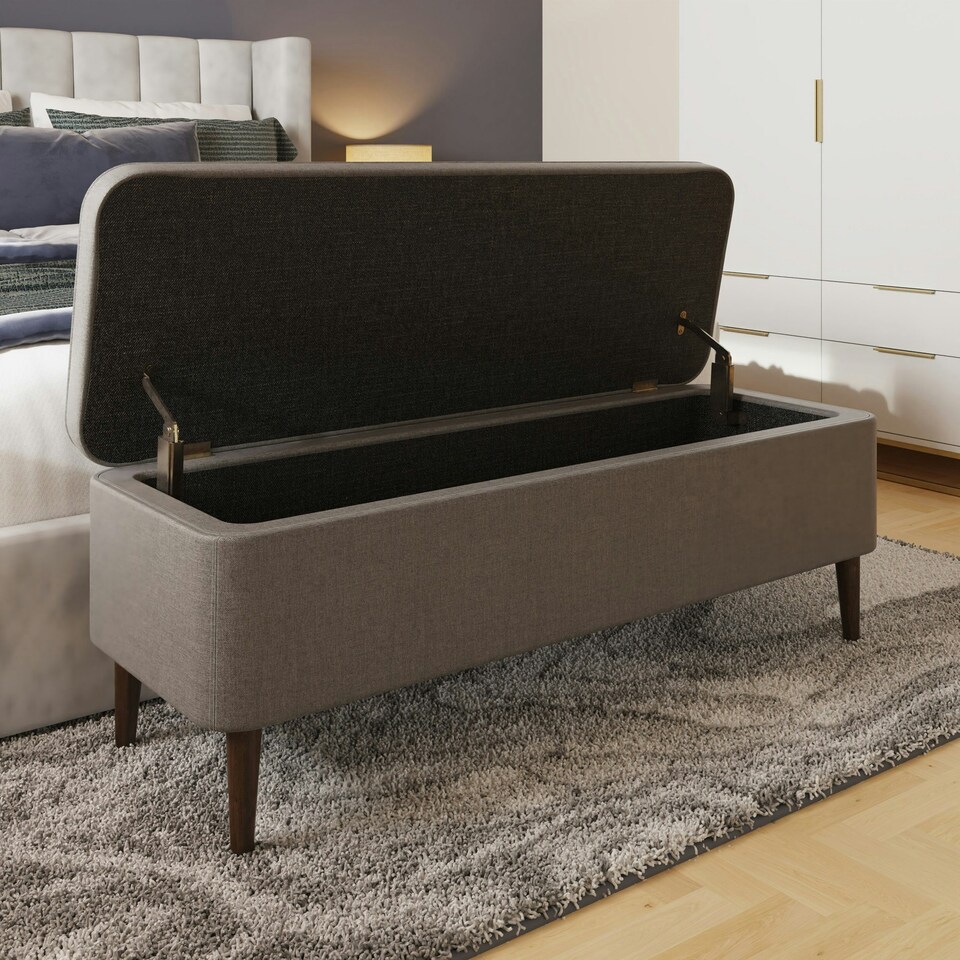 image 1 of Grey Linen Ottoman Storage Bench With Solid Wooden Legs Grey