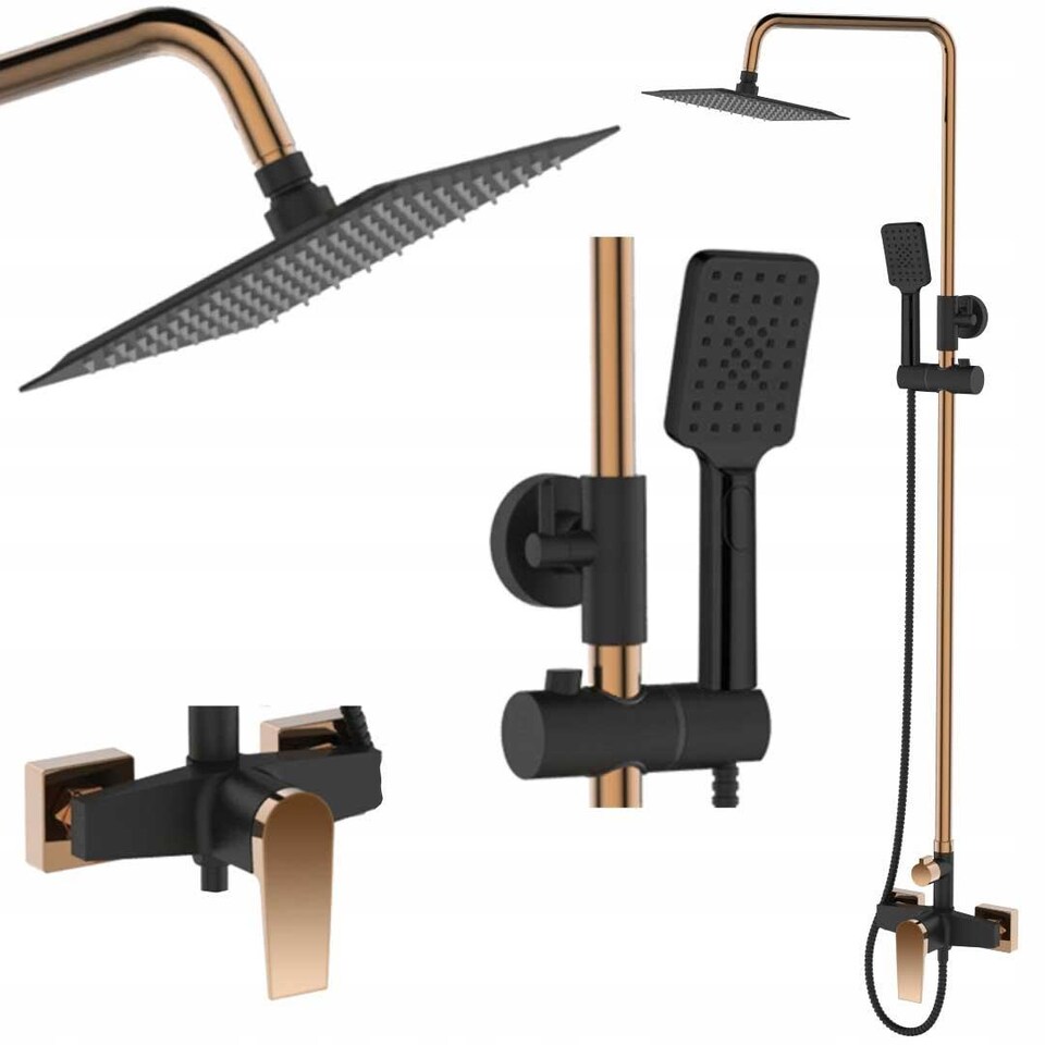 image 1 of Black/Rose Gold Brass Bathroom Shower Column Set Handshower Square Rainfall