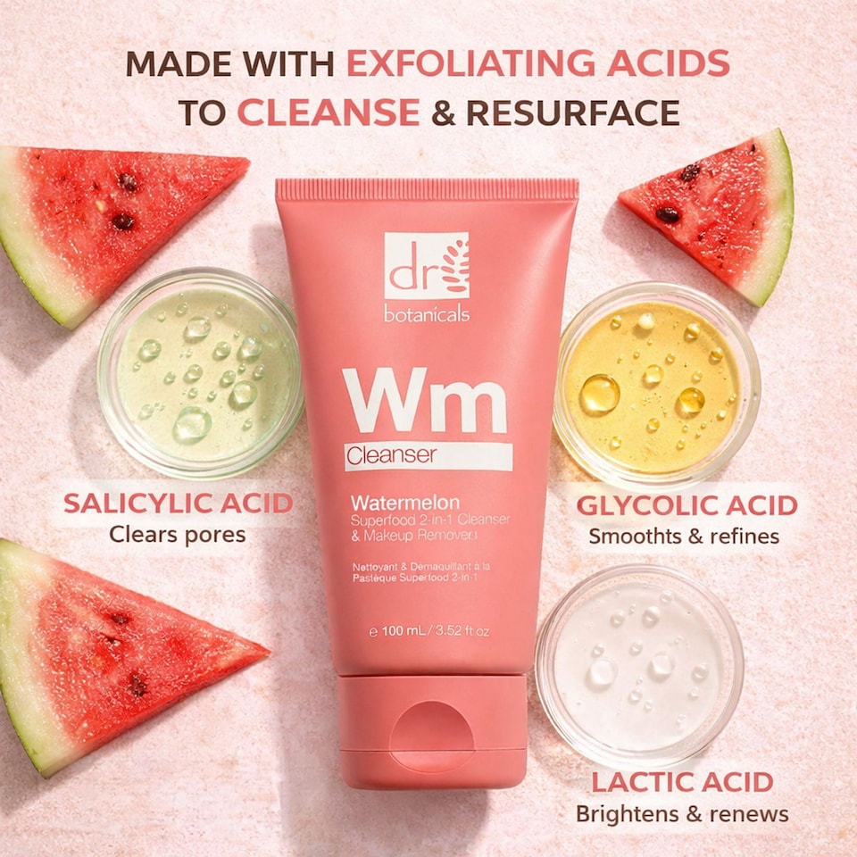 image 1 of Dr. Botanicals Watermelon Anti-Ageing 2-in-1 Cleanser with Glycolic Acid, Salicylic Acid 100ml for Acne, Blemishes, Large Pores, Dullness