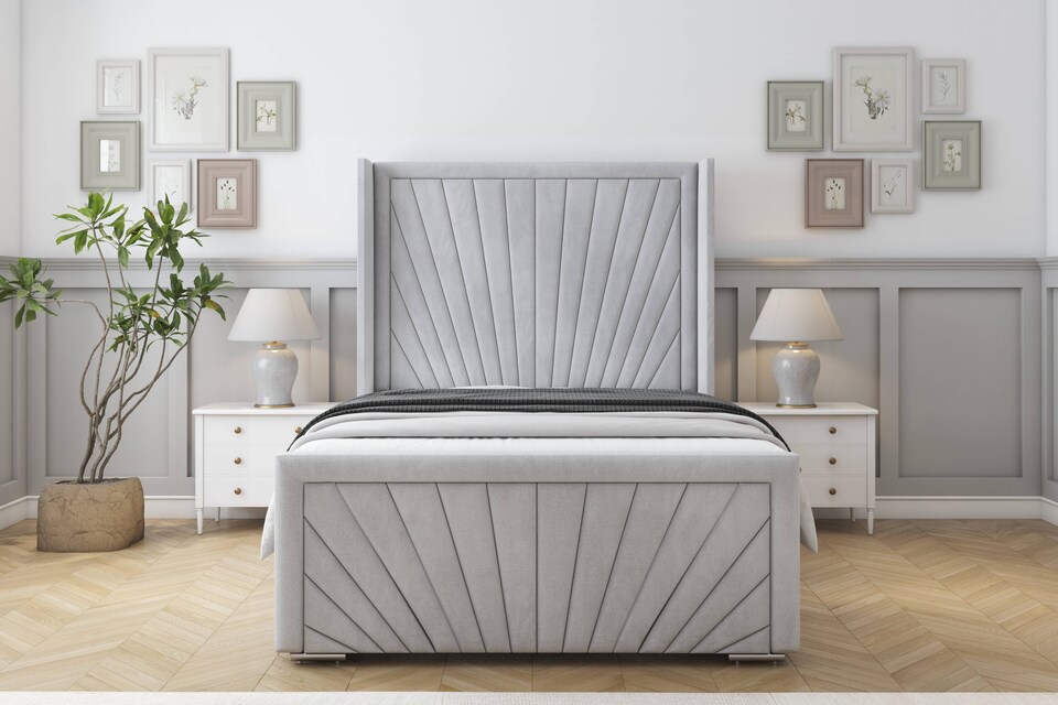 image 1 of Sloomy Rutherford Silver Naples Bed Frame With 50"  Upholstered Wingback Headboard 4'6 Double