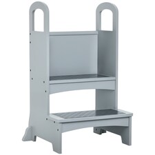 HOMCOM Kids Wooden 2-Step Stool Mini Ladder Assistance Unit Non-Slip Panels Grey 