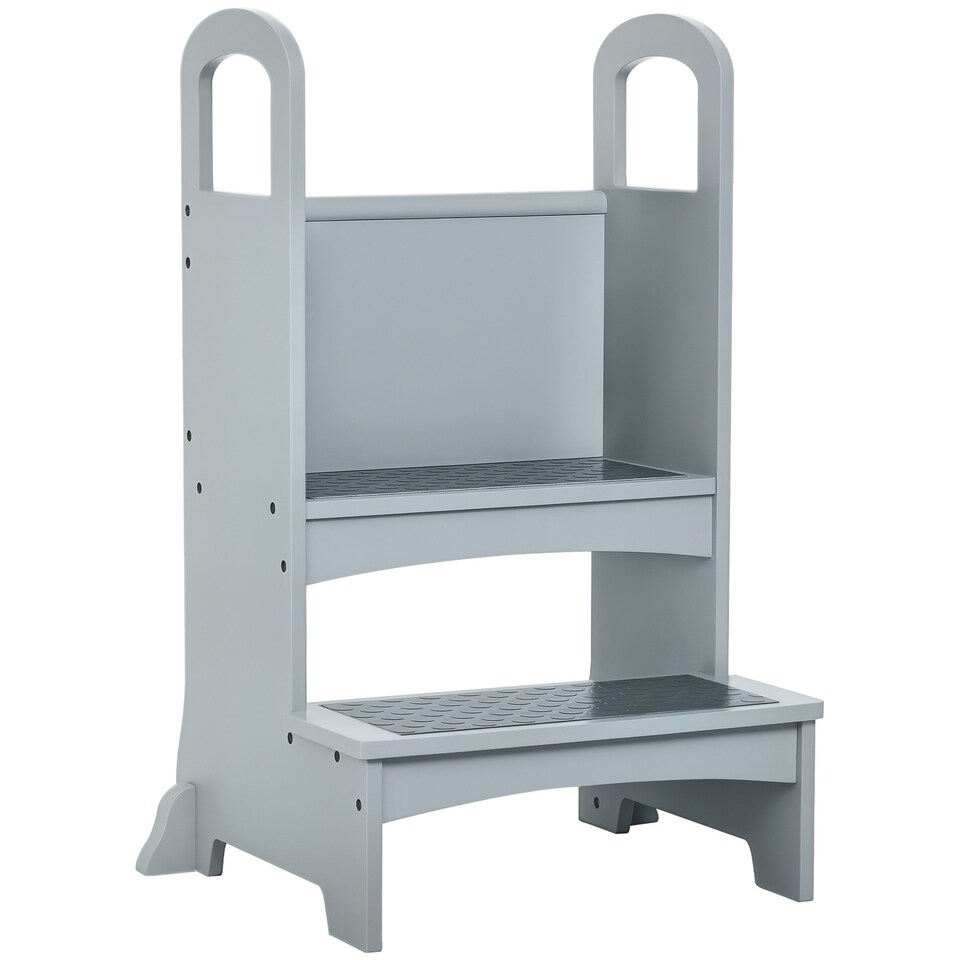 image 1 of HOMCOM Kids Wooden 2-Step Stool Mini Ladder Assistance Unit Non-Slip Panels Grey 