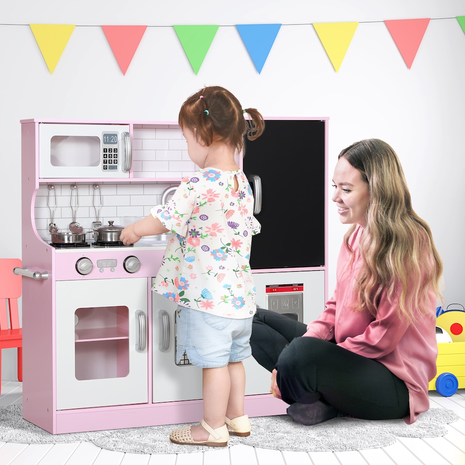 image 1 of AIYAPLAY Play Kitchen, Kids Kitchen Playset Toy with Chalkboard, Toy Phone, Microwave, Ice Maker, Cooking Stoves, Sink, for Boys Girls Ages 3-8 Years, Pink | Pink | Pink