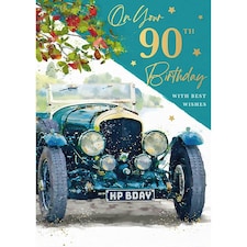 Words 'n' Wishes Traditional Male 90th Happy Birthday Card, With Vintage Car