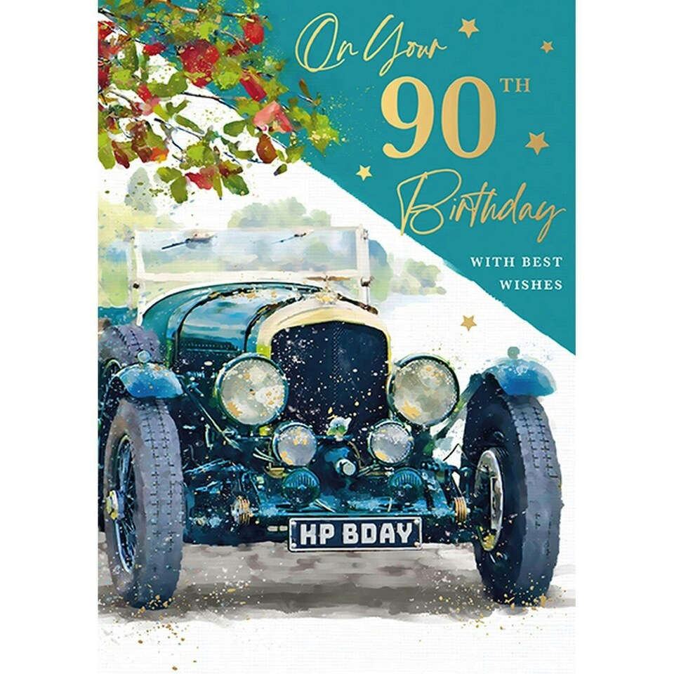 Words 'n' Wishes Traditional Male 90th Happy Birthday Card, With Vintage Car