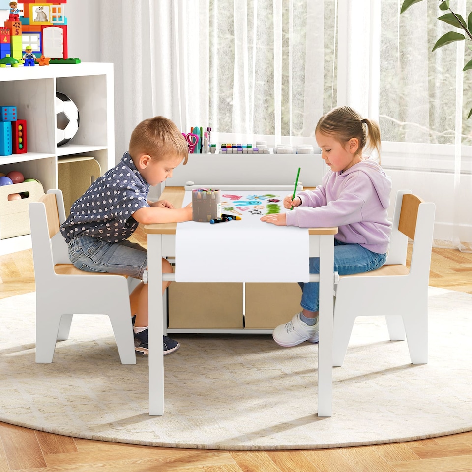 image 1 of COSTWAY Kids Art Table and Chairs Set with 2 Chairs Yellow