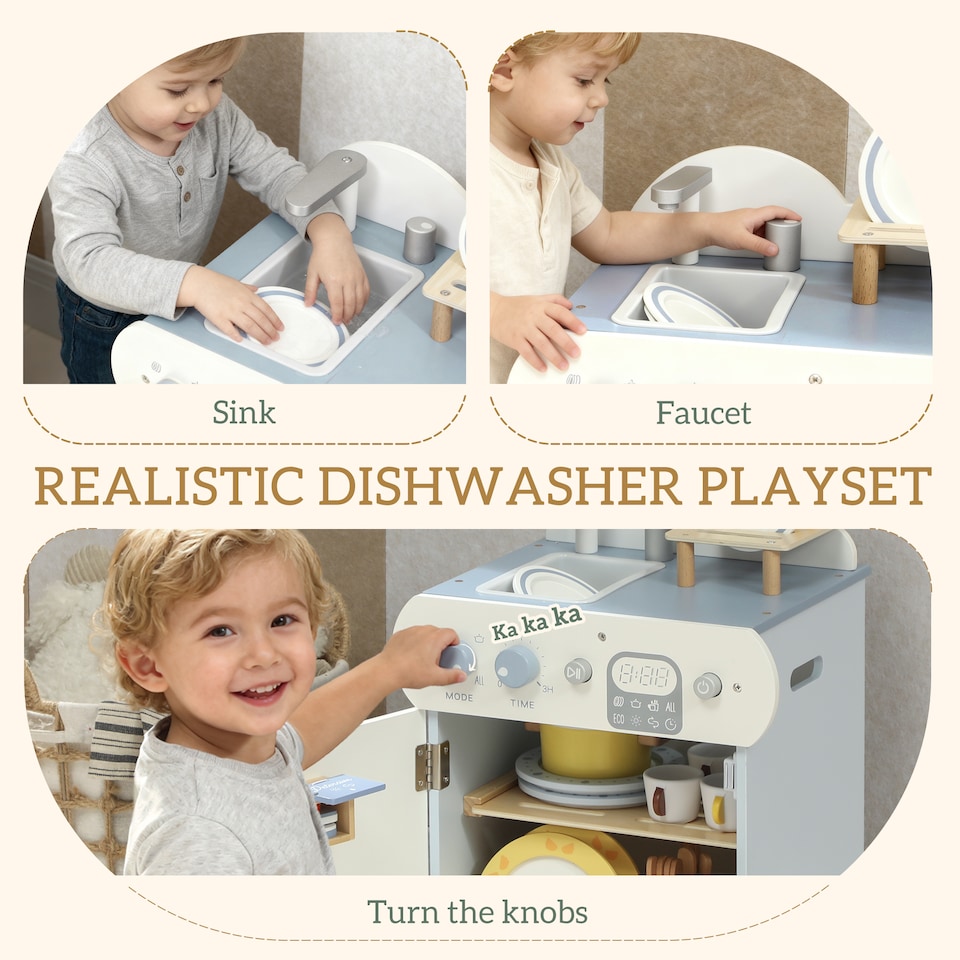 image 1 of AIYAPLAY Wooden Dishwasher Playset, Pretend Play Kitchen for Kids, Kitchen Sink Toys with Faucet, Sink and Accessories, Gift for Boys Girls Toddlers, Light Blue