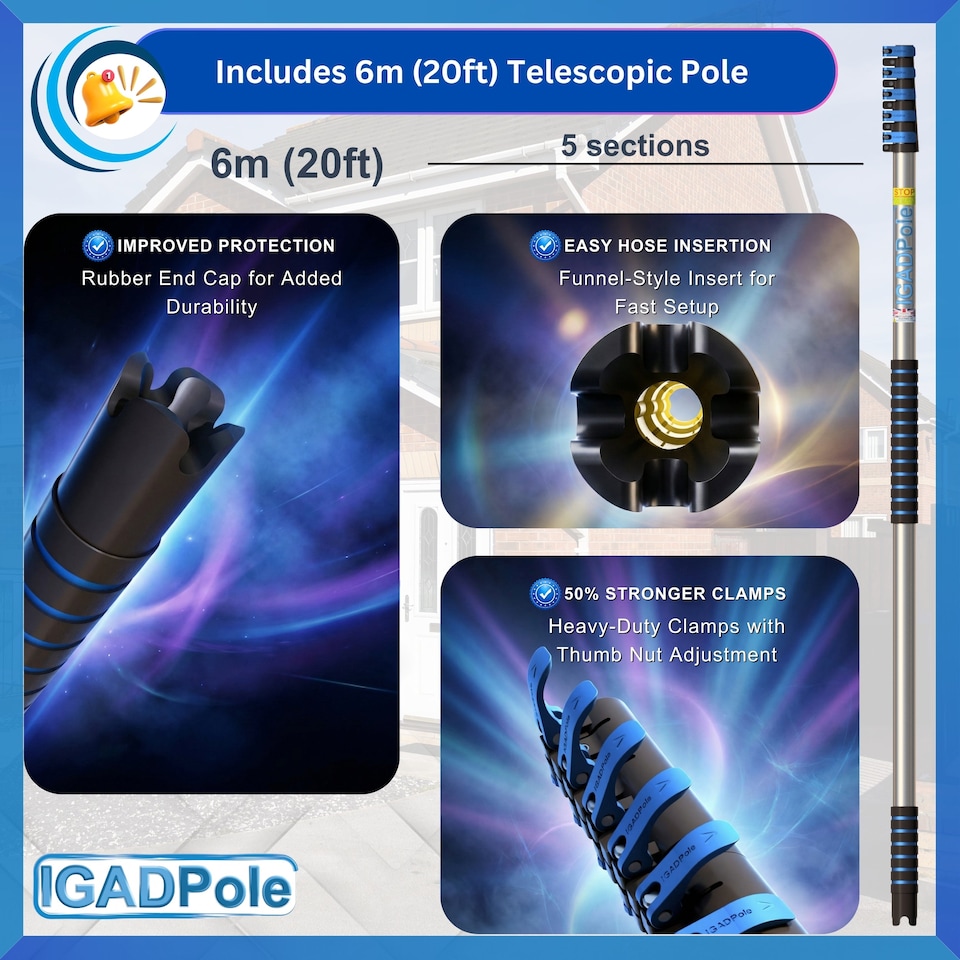 image 1 of IGADPole 6m (20ft) Water-Fed Pole Cleaning Kit – Includes Water-fed Brush, Cobweb & Microfibre Duster, Soap Dispenser & Hose Tap