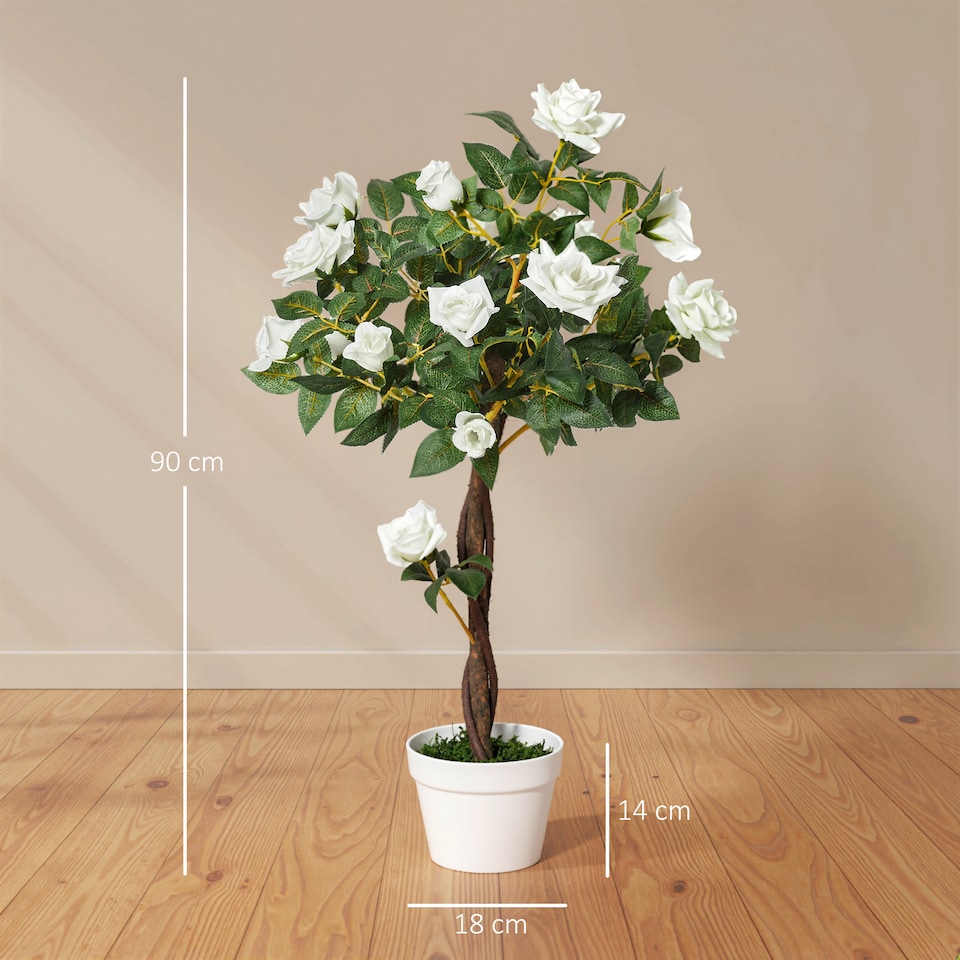 image 1 of Outsunny 90cm3FT Artificial Rose Tree, Fake Decorative Plant with Pot, UV-Resistant FauTree for Outdoor Indoor Home Office Decor, White