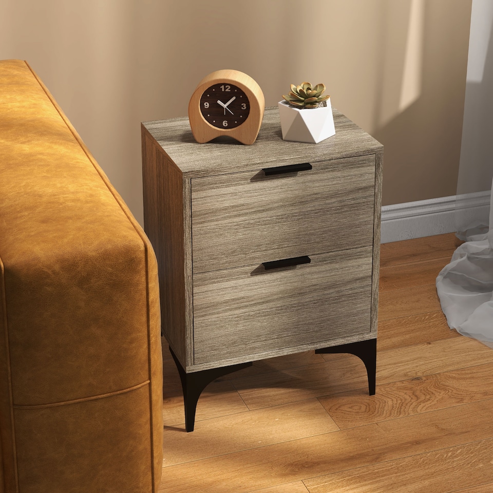 image 1 of HOMCOM Bedside Tables Set of 2, Modern Nightstand with 2 Drawers, Small Sofa End Tables with Storage and Steel Legs for Bedroom, Living Room, Grey