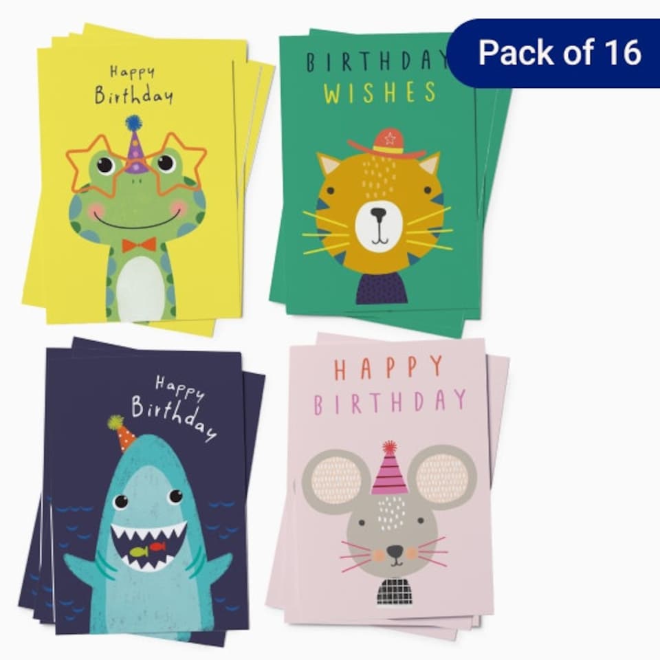 image 1 of Kids' Bold Animals Birthday Card Double Pack – Box of 16 (4 Designs)