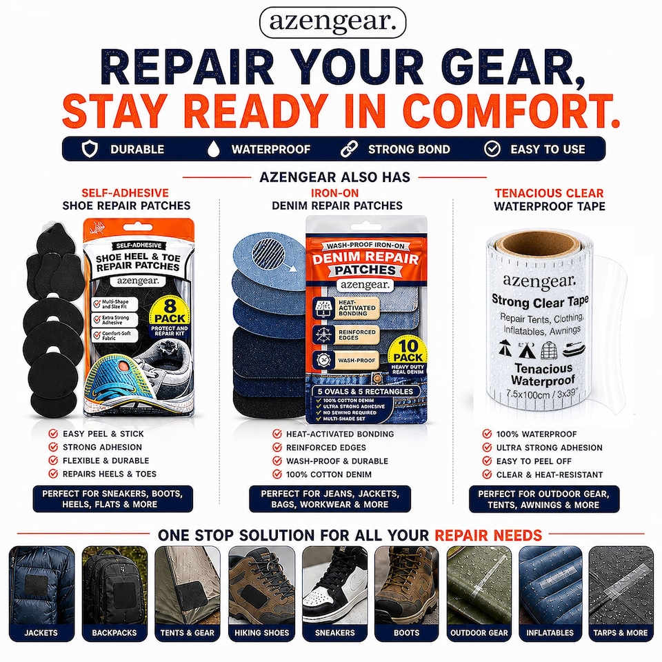 image 1 of aZengear Repair Patches (30+ Colours) for Puffer Jackets, Tents, Upholstery - Stick On, Waterproof, Tear-Cold-Heat-Resistant