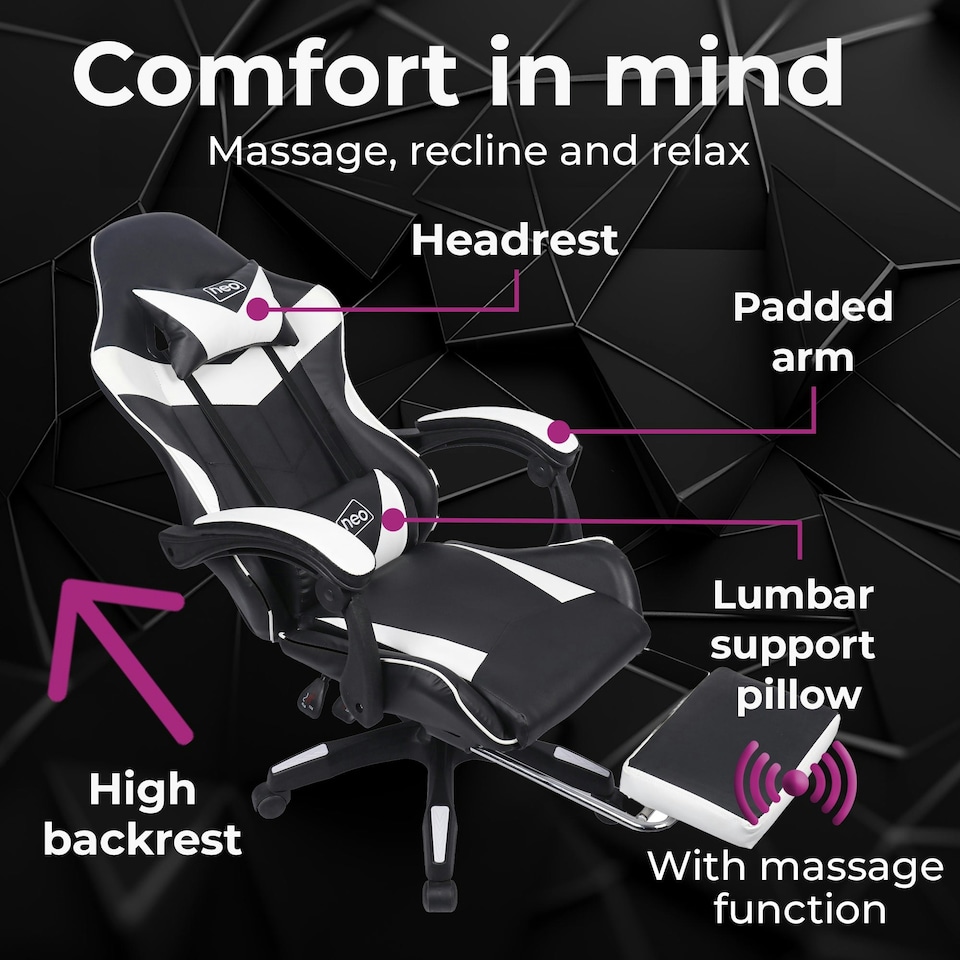 image 1 of White/Black Massage Leather Gaming Chair with Footrest