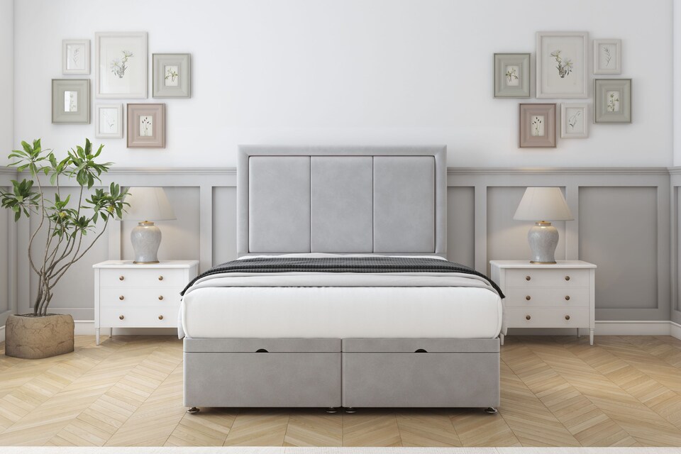 image 1 of Sloomy Lancaster Silver Plush Ottoman Bed Base With 26" Strutted Headboard 5' King | Silver | Silver | King | 1