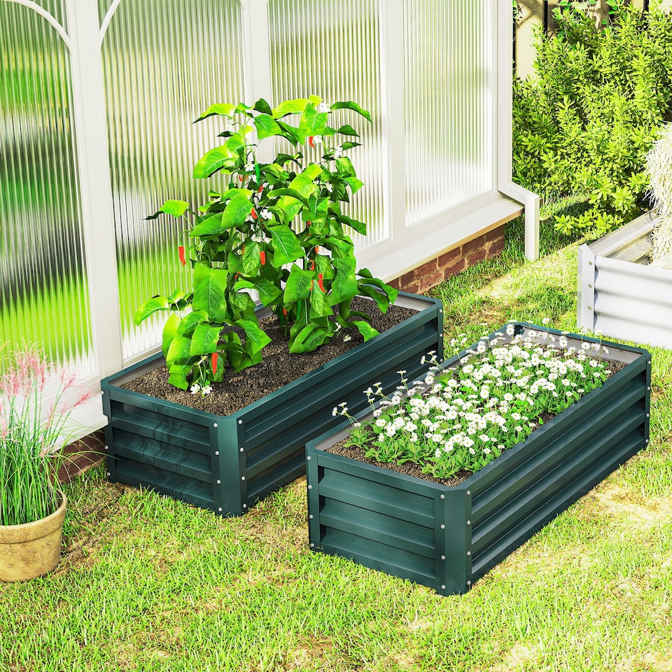 image 1 of Outsunny Set of 2 Raised Garden Bed Galvanised Planter Box, Green