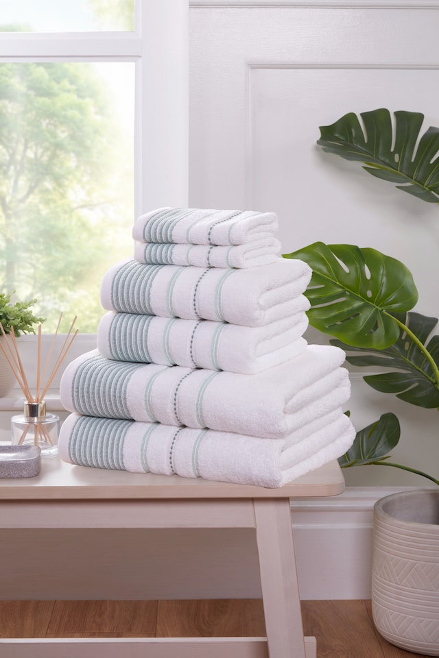 image 1 of Dakota Stripe Pure Cotton Hand Towels Set Of 2 | Green | Hand towel | 2