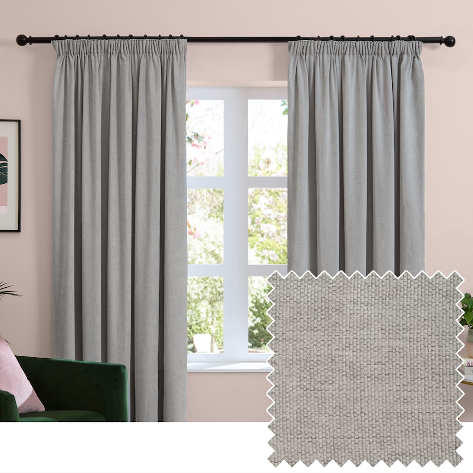 image 1 of Furn Soft Chenille Blackout Pencil Pleat Curtain Pair, 168cm width x 137cm drop | Silver | Silver | (W) 168cm x (L) 137cm | 1