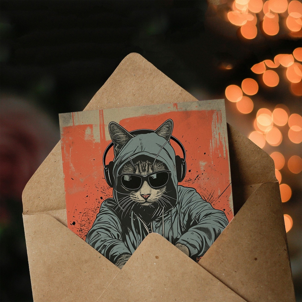 image 1 of DJ Cat with Hoodie and Sunglasses For Him Birthday Card