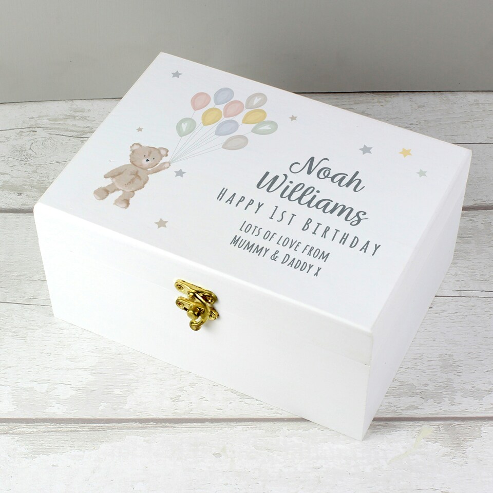 image 1 of Personalised Teddy & Balloons White Wooden Keepsake Box White