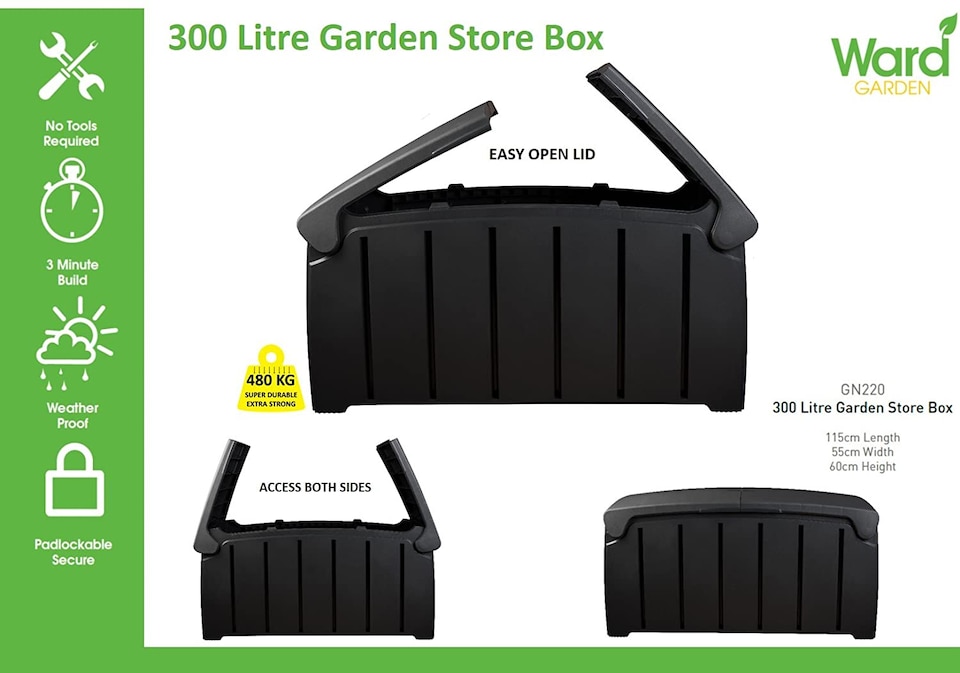 image 1 of Black 115cm x 55cm x 60cm Butterfly Opening Top 300 Litre Large Garden Storage Box Weatherproof with Padlock Hole | Black | Black