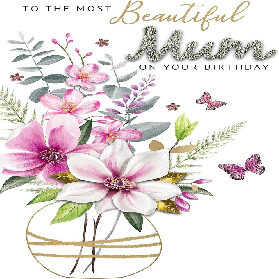 image 1 of Mum Birthday Card Embellished & Foiled Floral Vase Champagne Greeting Card