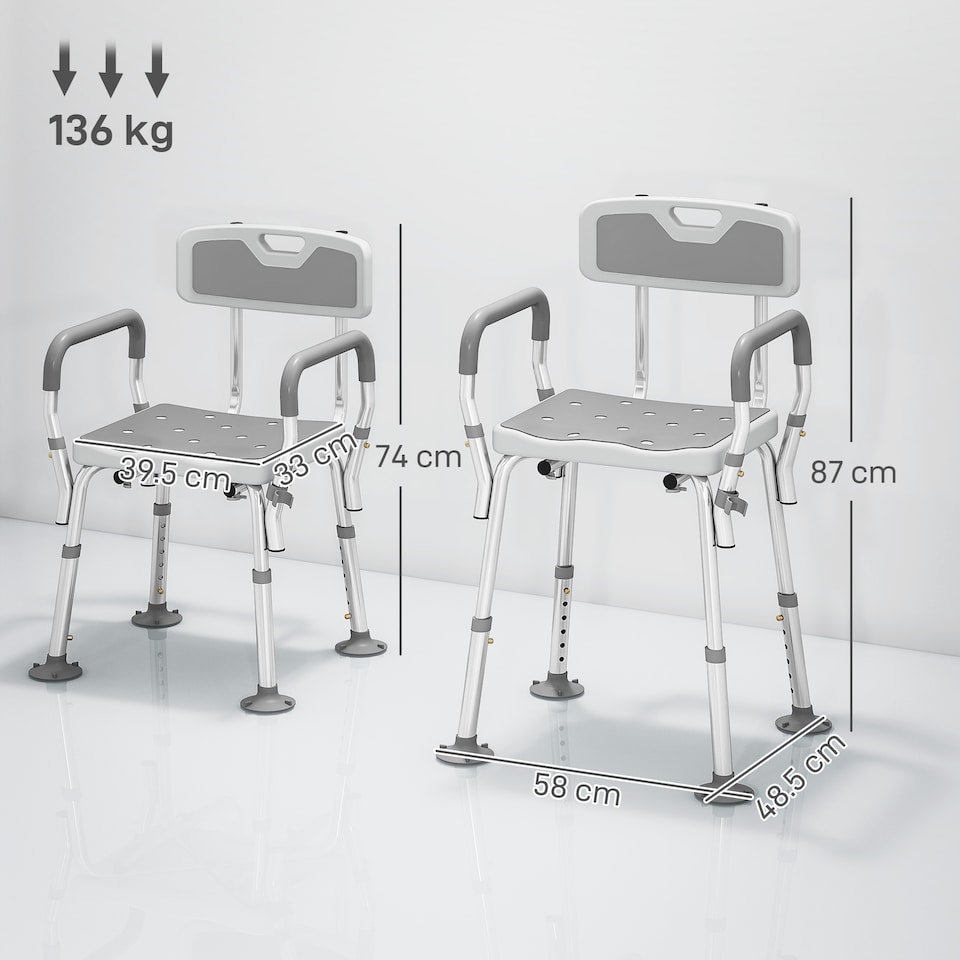 image 1 of HOMCOM Padded Shower Stool with Arms and Back, 4 Suction Foot Pads, Grey | Grey