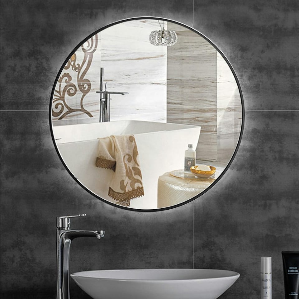 image 1 of Living and Home 70cm Nordic Round Bathroom Wall Mirror | Black | 70cm