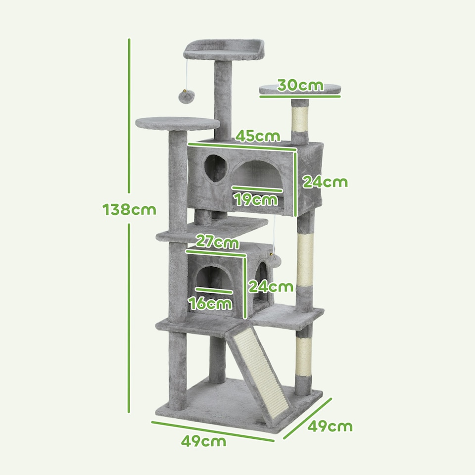 image 1 of PawHut 138cm Cat Tower with Scratching Posts Bed Condo Platform, Light Grey