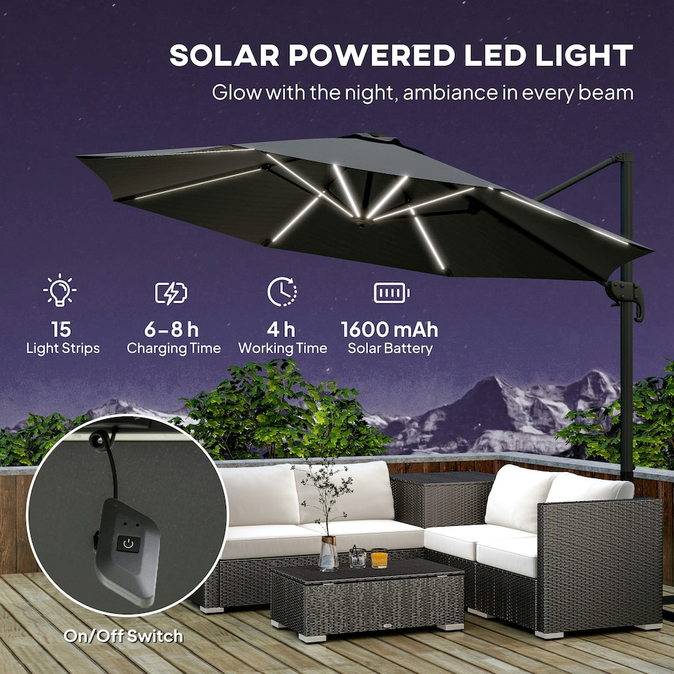 image 1 of Outsunny 3(m) Solar LED Cantilever Parasol Adjustable Garden Umbrella Dark Grey