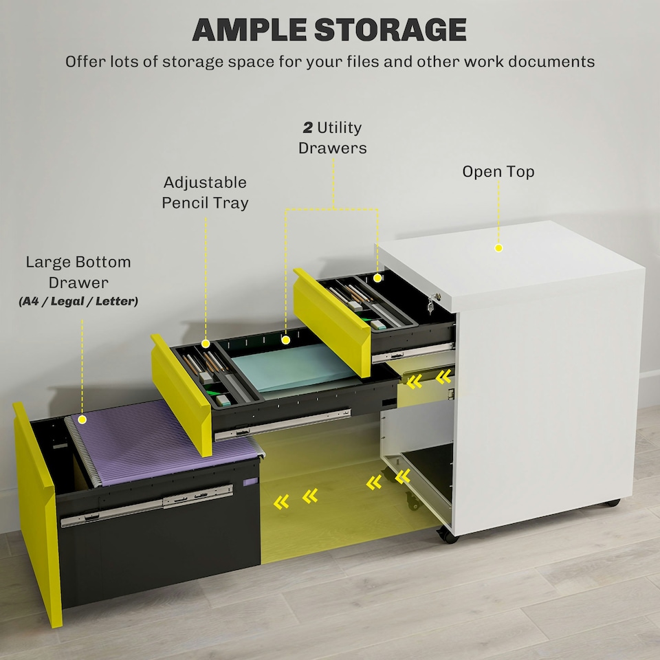image 1 of Vinsetto 3 Drawer File Cabinet, Lockable Metal Filling Cabinet, Yellow