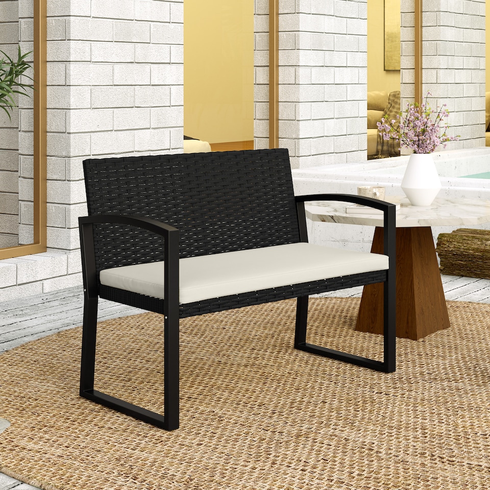 image 1 of Outsunny 2 Seater Rattan Garden Bench, Outdoor Bench with Cushion, PE Wicker Garden Loveseat with Armrests, Galvanised Steel Frame for Patio, Park, Black