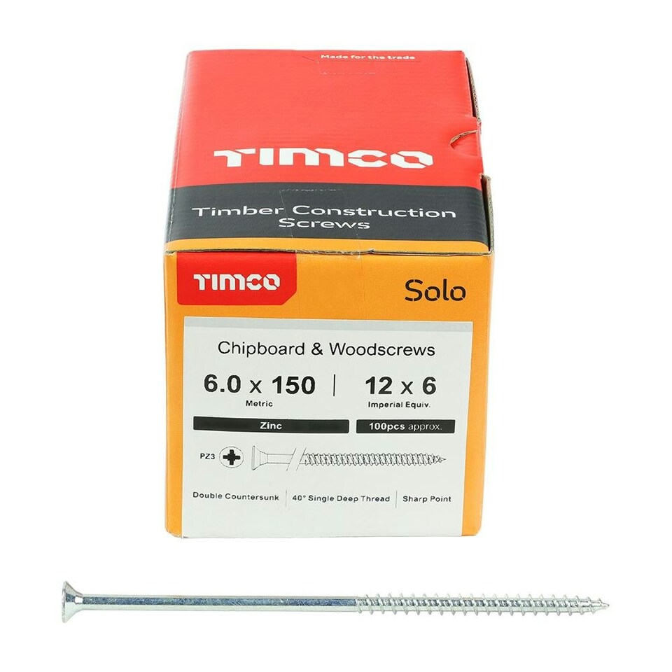 image 1 of Timco - Solo Chipboard & Woodscrews - PZ - Double Countersunk - Zinc (Size 6.0 x 150 - 100 Pieces)