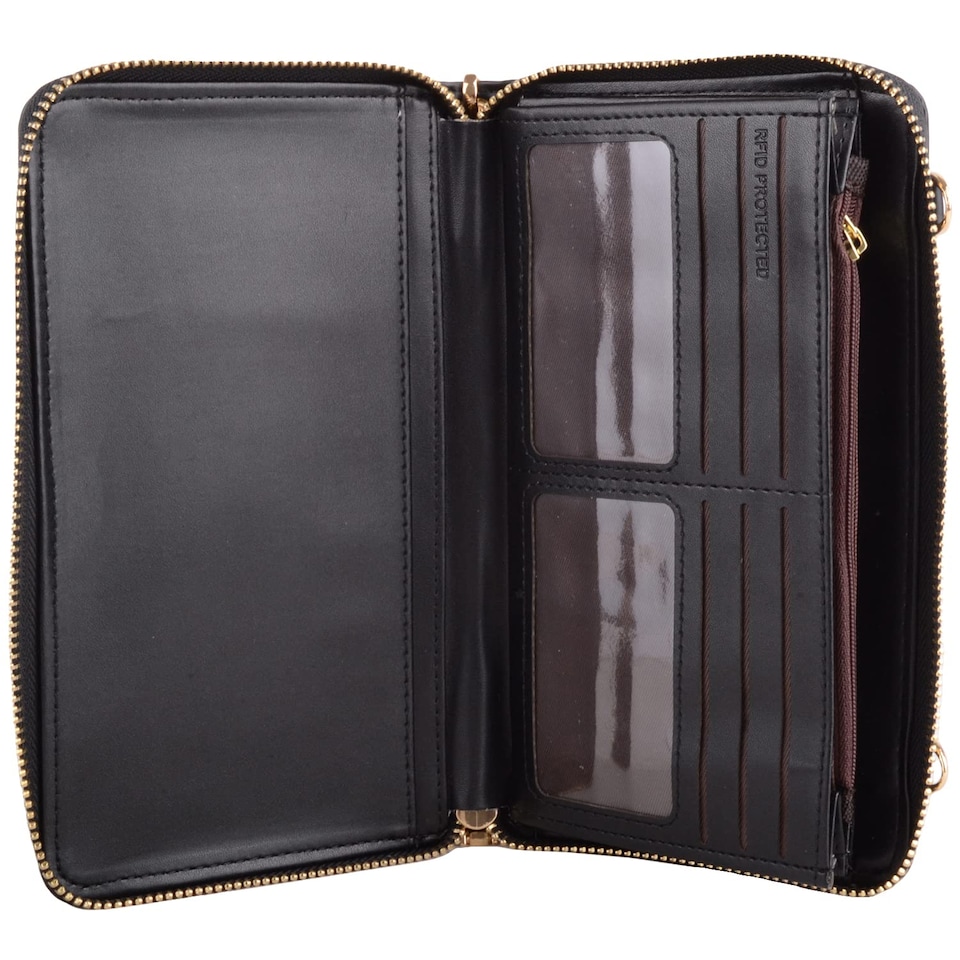 image 1 of Lorenz Womens Faux Leather Attachable Strap RFID Purse Wallet Clutch | Black | Black