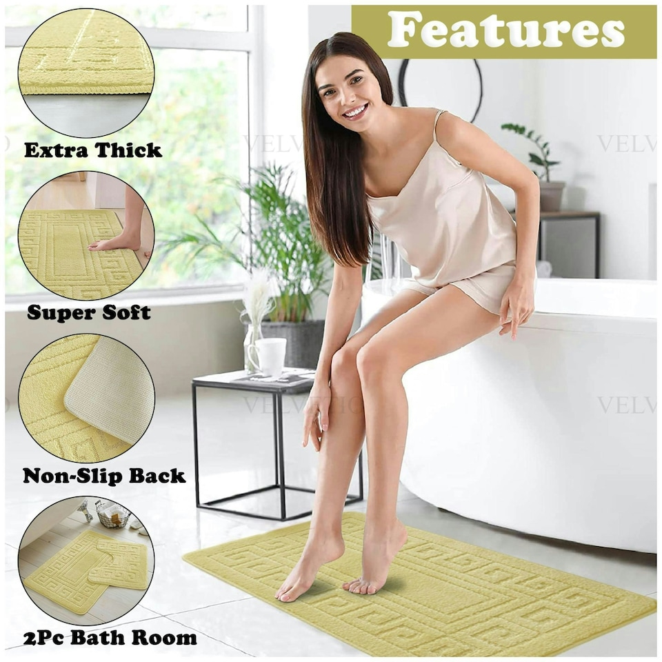 image 1 of VELVETIO Greek Bath Mat & Pedestal Mat Water Absorbent Non Slip Toilet Rugs Yellow | Lemon