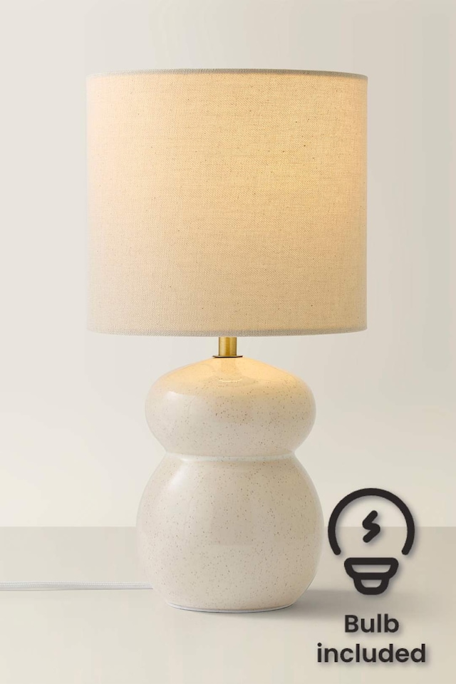 image 1 of ValueLights Kendal Natural Linen Drum Shade Beige Glazed Ceramic Table Lamp & Bulb | White