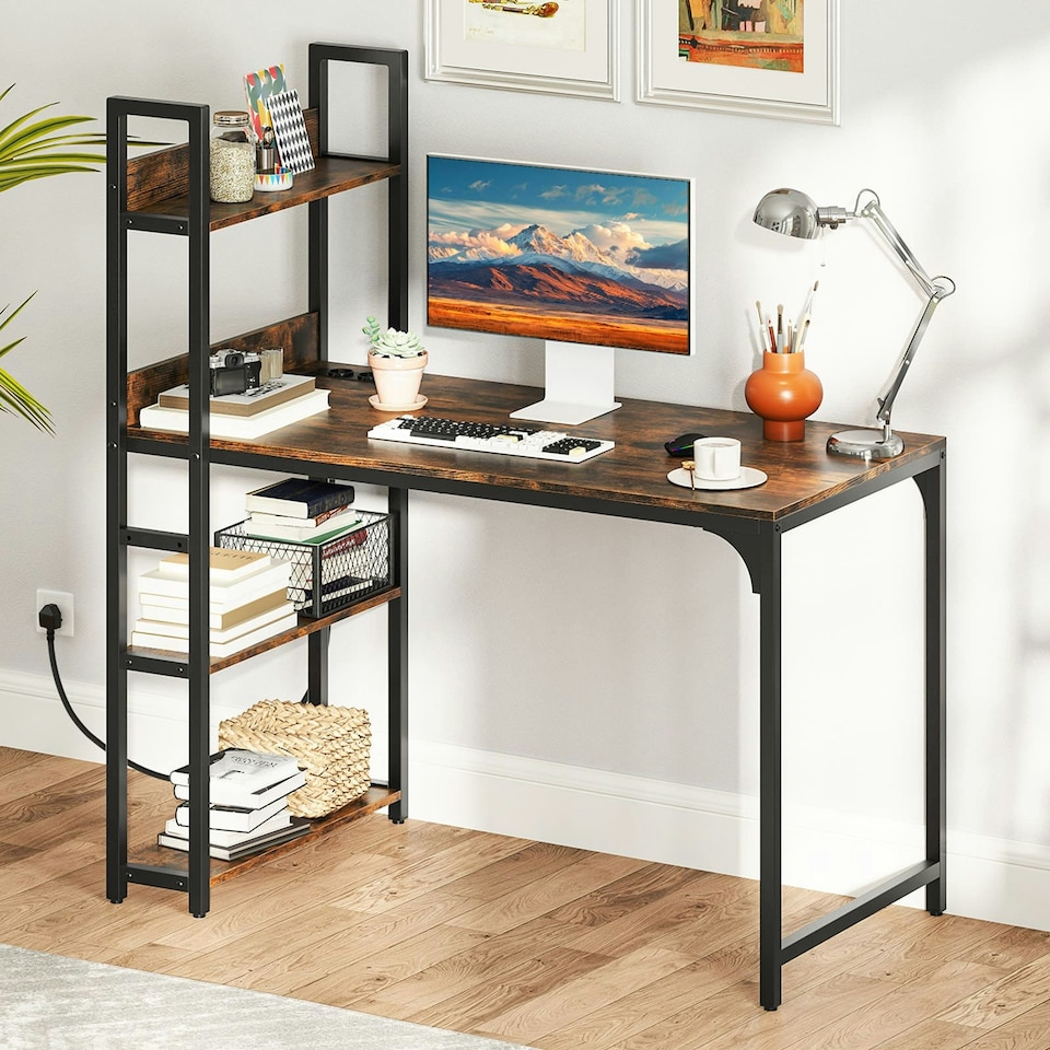 image 1 of COSTWAY Computer Desk Writing Desk with Power Strip Brown Brown