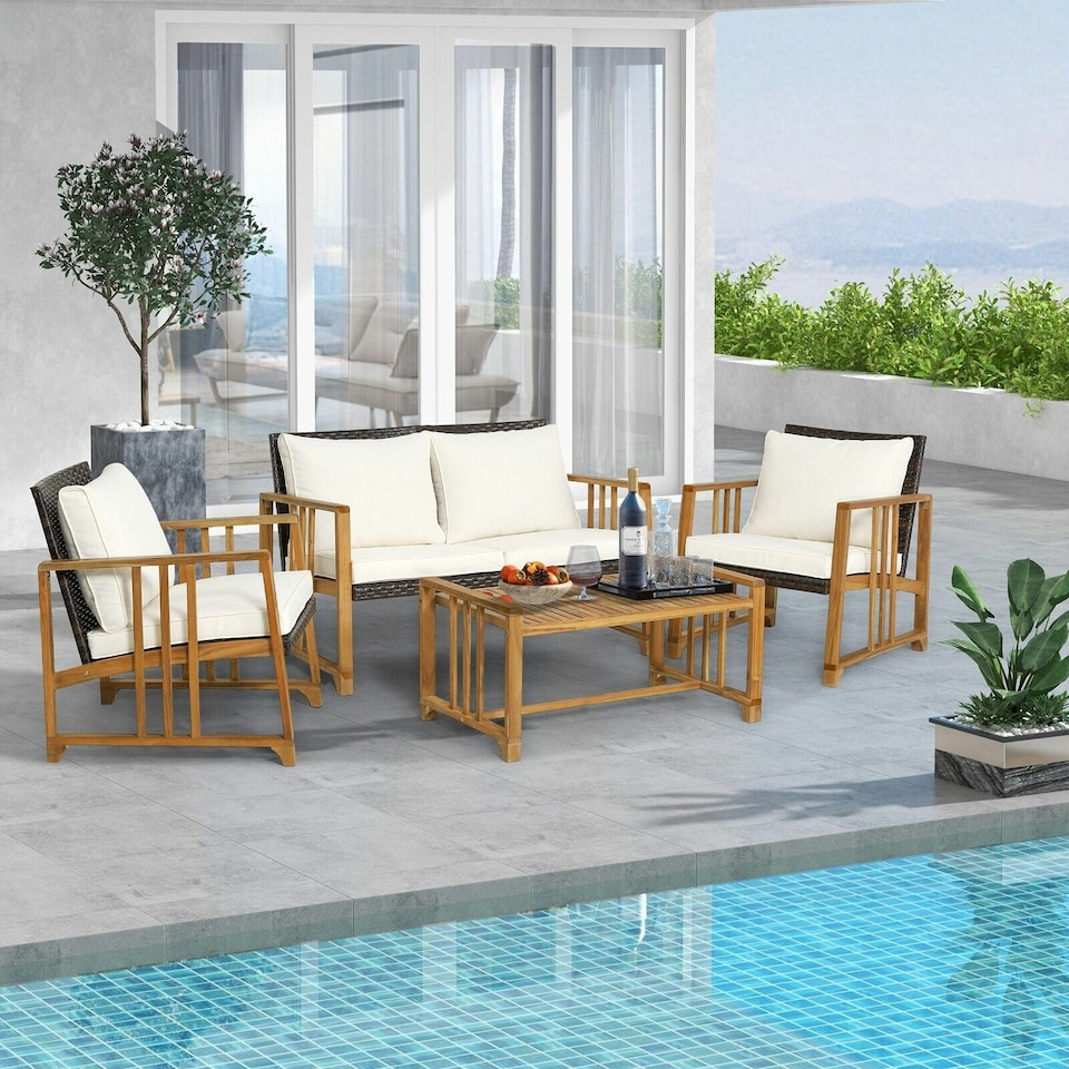 image 1 of COSTWAY 4 PCS Outdoor Patio Rattan Chair Table Set w/Cushions