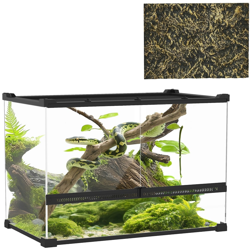 image 1 of PawHut 48L Glass Terrarium, Reptile Vivarium with Stone Background, Black